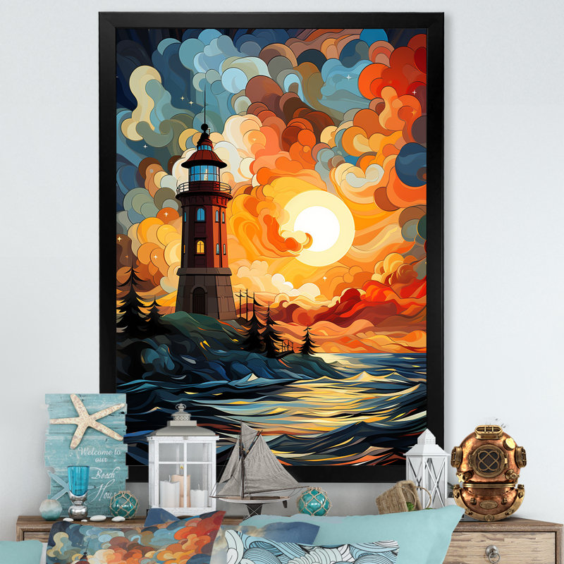 «Coastal Stormy Sunset Lighthouse Breeze II» - art mural phares, Cadre simple noir, H 20 po x l 12 po x P 1 po