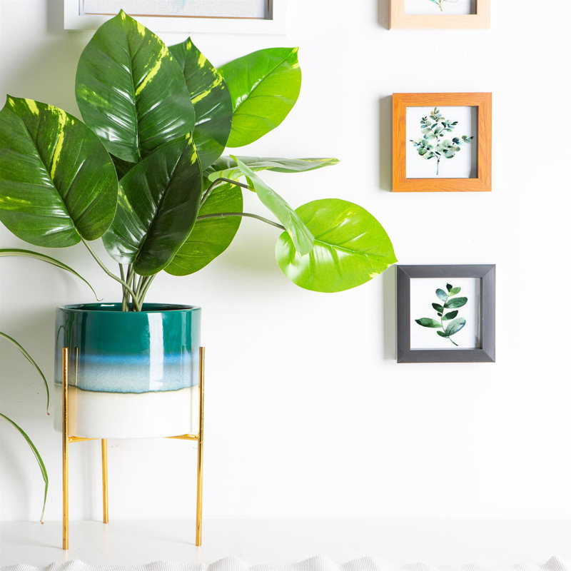 Nicola Spring - Reactive Glaze Plant Pots on Stands - 19cm, Green/Gold