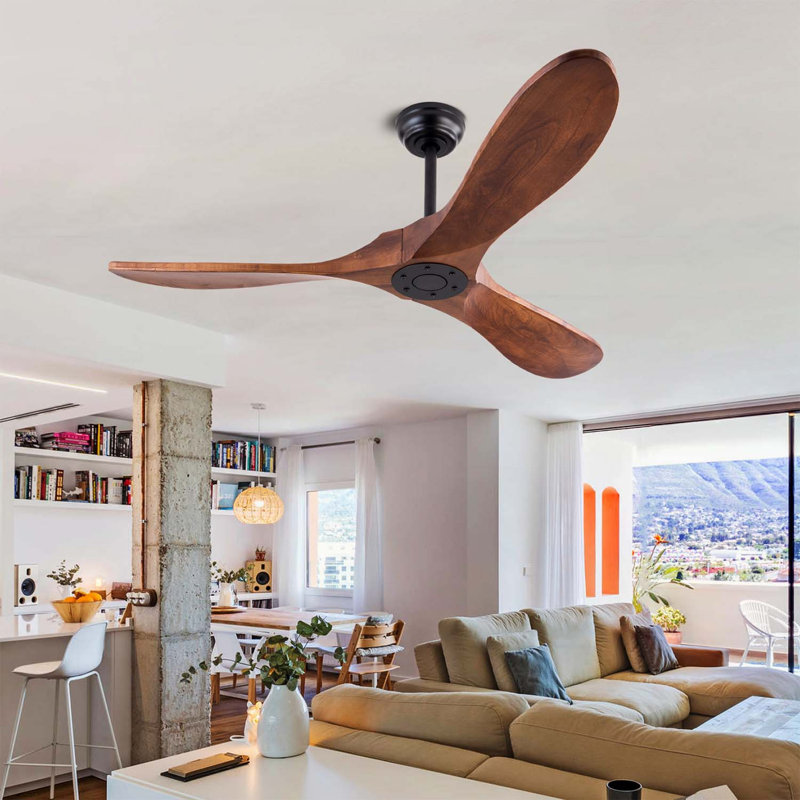 Ventilateur de plafond en bois naturel avec télécommande, 52 po sur 3 pales, moteur CC réversible à 6 vitesses pour une utilisation intérieure et extérieure