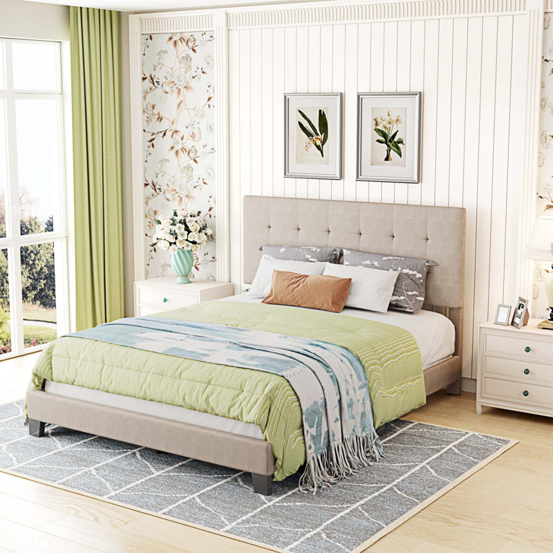 Lit plateforme tapissier avec tête de lit capitonnée, Beige