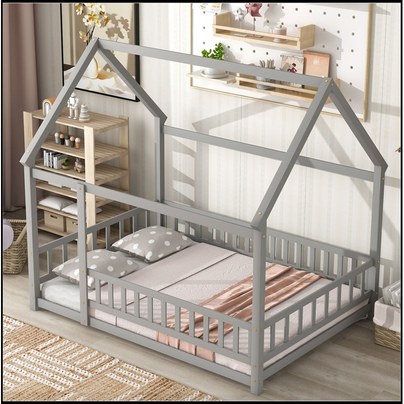 Full Size Floor Wooden Bed With House Roof Frame, Fence Guardrails ,Grey(Old SKU:W50471474), Full