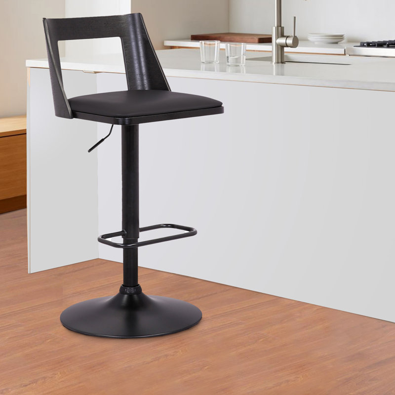 Edmonston Mid-century Swivel Adjustable Height Bar Stool in Faux Leather, Black Wood, and Iron, Black