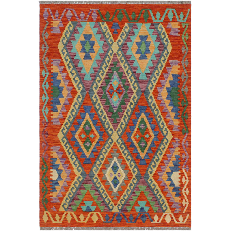 Tapis bleu / vert en laine noué à la main 2 pi 9 po x 3 pi 10 po Cedorah Southwestern