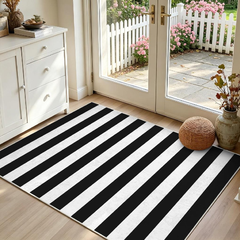 Black White Lines Stripe Abstract Art Backdrop Cover Decor Decorative Machine Washable Indoor Area Rug, Rectangle 39" x 63"