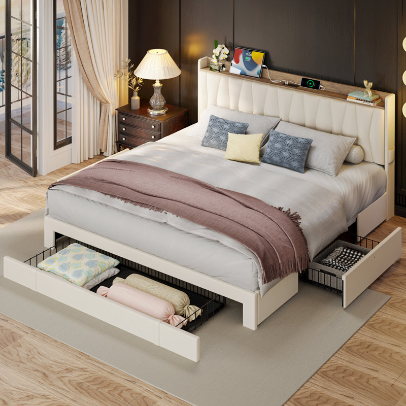 Deilyn Upholstered Bed with Charging Station and 3 Drawers, Queen, Beige
