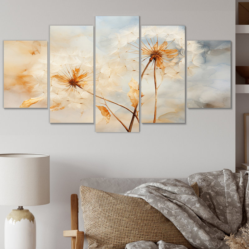 Pissenlit pétale pureté - décoration murale florale - 5 panneaux