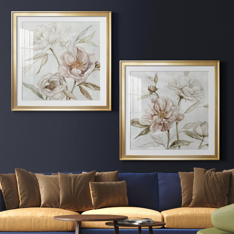 «Washed Botanical I», ensemble de 2 reproductions, Blanc, H 30,5 po x l 61 po x P 1,5 po, Papier encadré doré