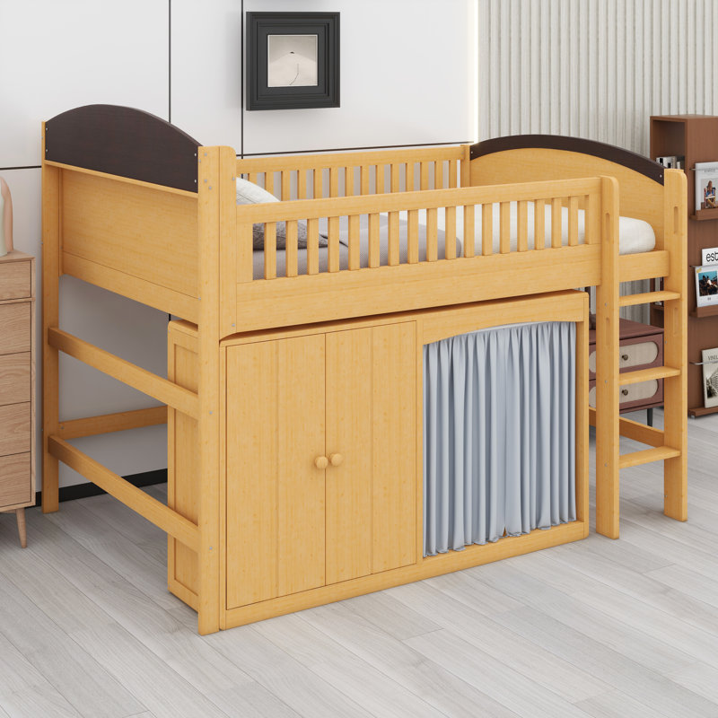 Lit mezzanine avec armoire de rangement intégrée, garde-robe spacieuse et système d'éclairage DEL intégré, Bois