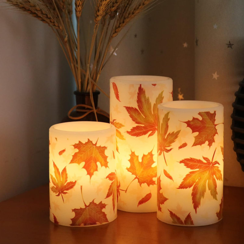 Maple Leaf Flickering Flameless Candles Battery Operated With 6 Hours Timer, Real Wax Led Pillar LED Candles Christms Wedding Decoration