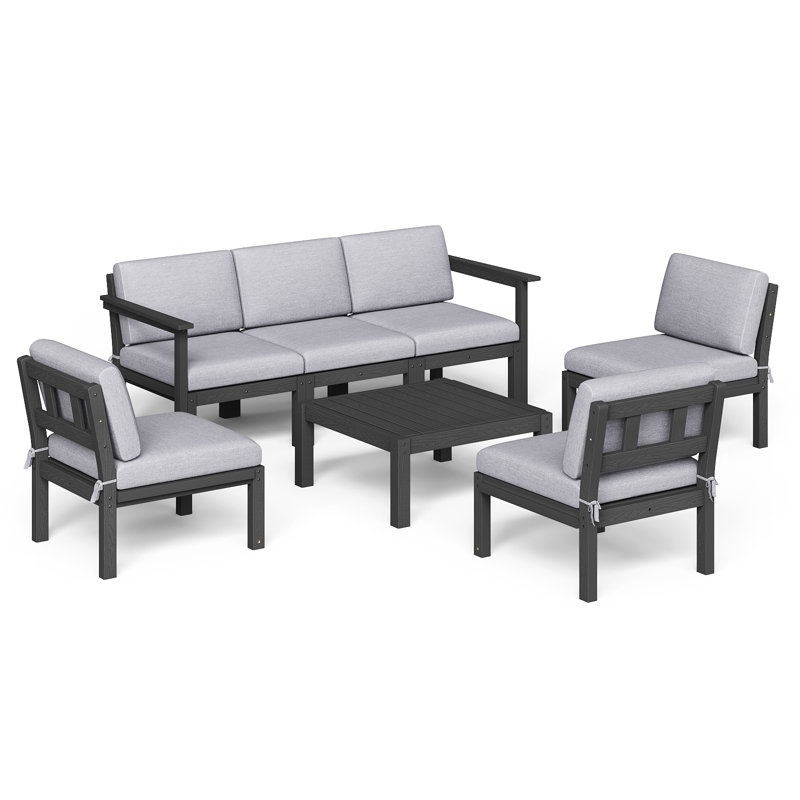 6 - Person Modular Patio Conversation Sets With Cushions, 7-Piece Outdoor All-Weather Waterproof HIPS Sofa Seating Group, Black