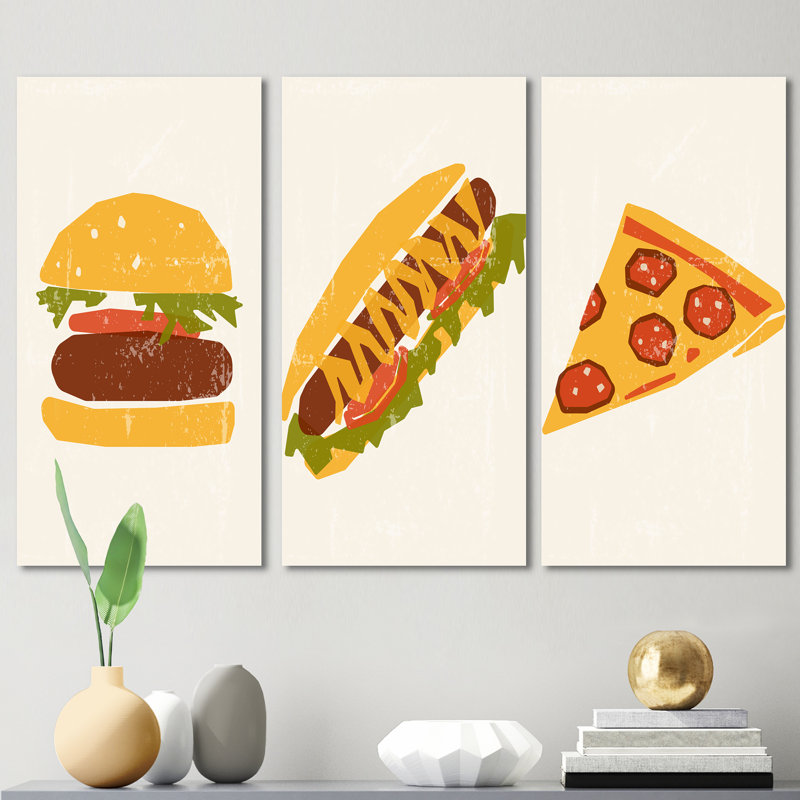 «Vintage Hipster Fast Food III», ensemble de 3 peintures sur toile tendue, H 28 po x l 36 po