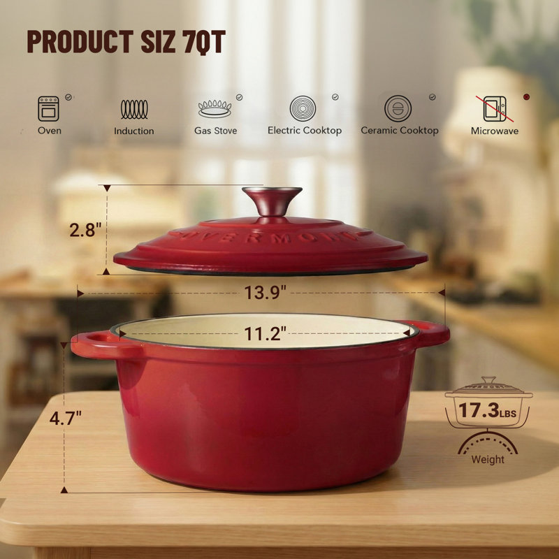 7 Qt Enameled Cast Iron Dutch Oven With Lid & Accessories – Red Cookware For Baking, Roasting & Stews, 7 quarts, Red
