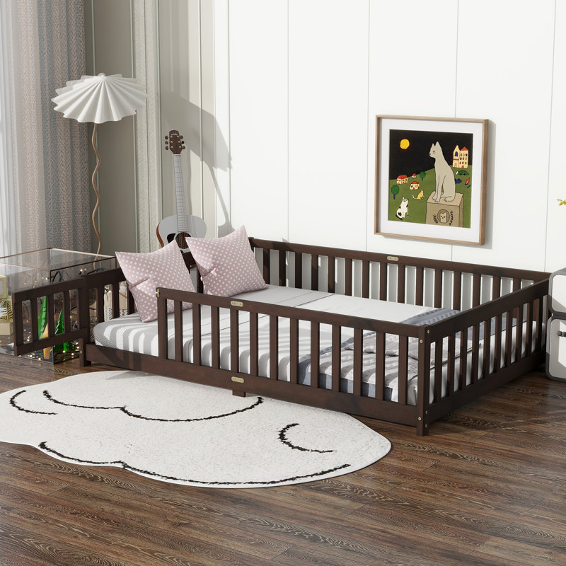 Kids Bed Soild Wood Platform Floor Bed With Safety Guardrails And Door For Bedrooms, Full, Espresso