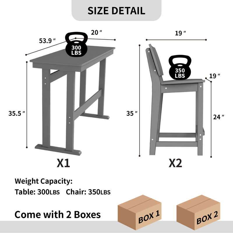 2-person Patio Bar Set Dining Table Poly Balcony Adirondack Bar Chair,HDPE Outdoor Patio Bar Set All Weather Dining Set, Poolside, Backyard, Garden  3 Piece