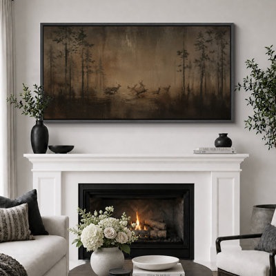 Running Deer in Dark Forest Extra Large Pictures Framed Canvas Print Wall Art