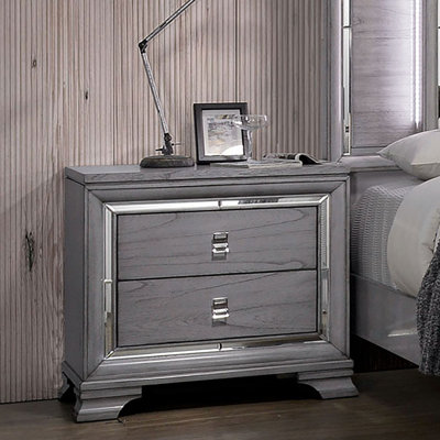 Table de chevet contemporaine avec garniture de miroir et tiroirs à queue d'aronde - gris clair + bois d'ingénierie + miroir + bois massif + classique + contemporain + glam