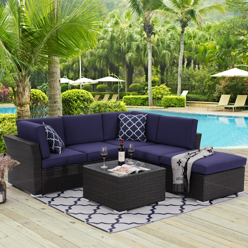 Elra 5 - Person Patio Conversation Set with Cushions, Navy Blue