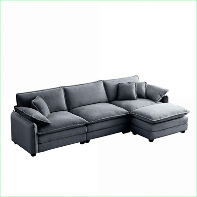 Sectional Sofas | L-Shaped Oversized 3-Seater with Ottoman, Modern Retro for Living Room Home Cinema | Grey | Corduroy
