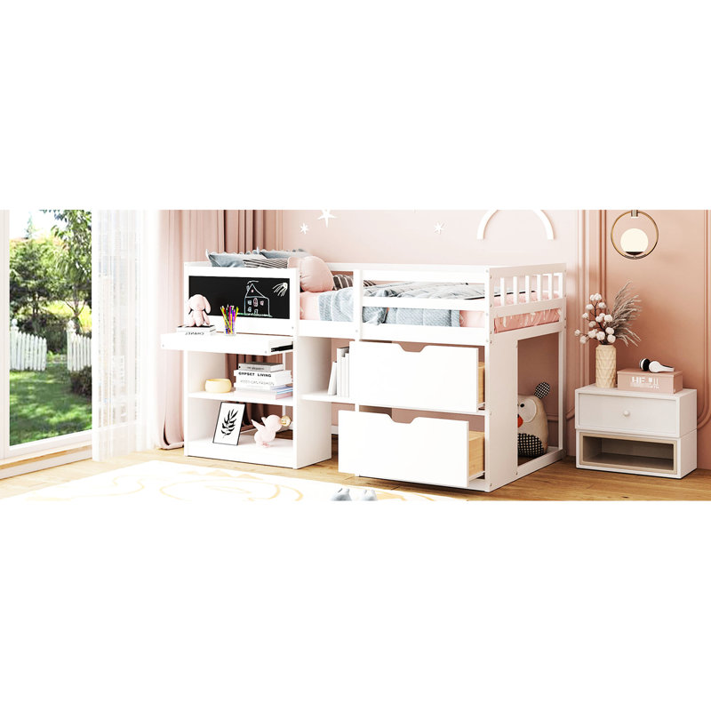 Lit mezzanine simple bas blanc avec bureau roulant et beaucoup de rangement - Bureau de construction solide en bois massif stable, tablette et tiroirs blanc, design compact