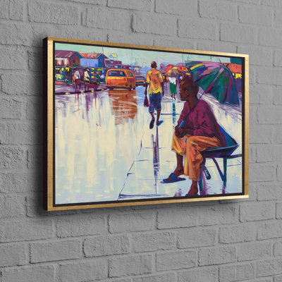 Art sur toile en coton élégant mettant en vedette une femme africaine abstraite avec un parapluie dans un paysage pluvieux, parfaite pour ajouter une touche ethnique à votre décoration murale