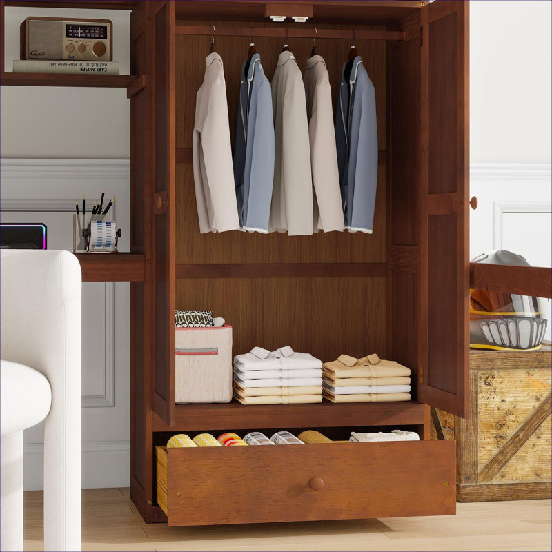 Solid Pine Full Size Multi-functional Loft Bed with Integrated Desk and Storage Solutions, Warm Brown
