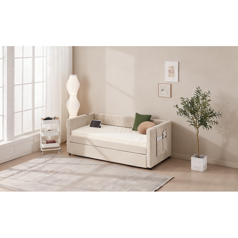 Twin Size Upholstered Daybed With Trundle,usb Port ,side Pockets, Modern V-grained Backrest Design,no Box Spring Needed, For Bedroom, Guest Room ( Beige, Twin)