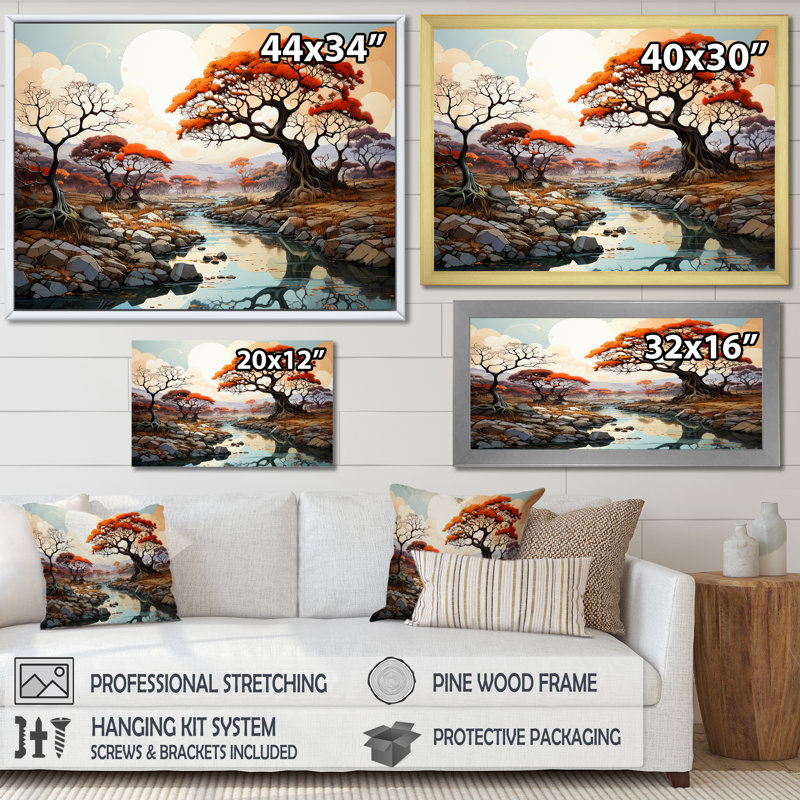 Paysage onirique Baobab II sur toile, Cadre flottant noir, H 34 po x l 44 po x P 1,5 po