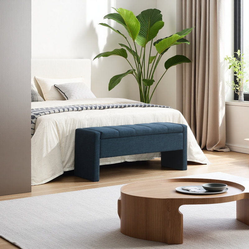 Banc de bout de lit moderne avec rangement, grand tabouret de repose-pieds rembourré, banc de coiffeuse confortable, Marine