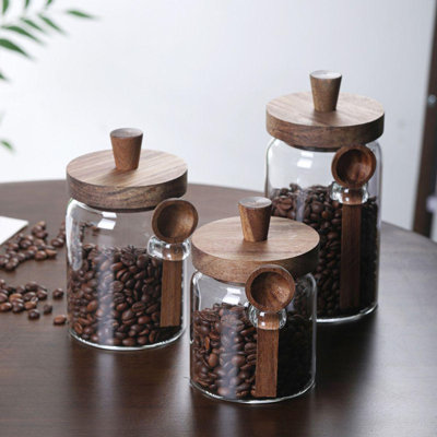 3 Pack Glass Storage Jars with Wooden Spoon & Airtight Wood Lids, Clear Glass Canister Set, Food Storage Containers for Coffee Beans Spices Grains, Kitchen Pantry Countertop Organizer