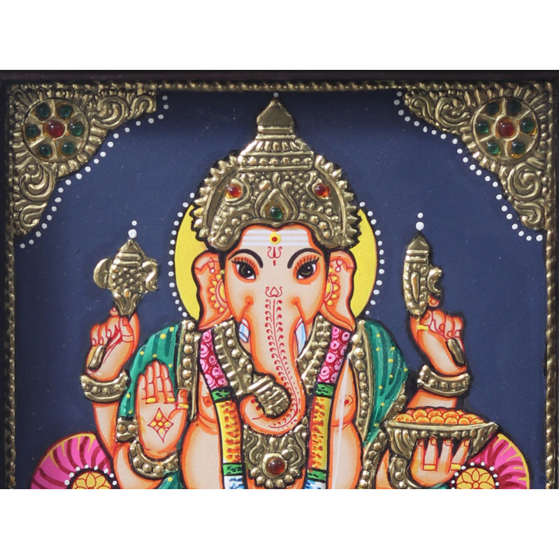 Chaturbhuja, seigneur Ganesha assis sur un trône | Peinture de Tanjore avec cadre en bois de teck
