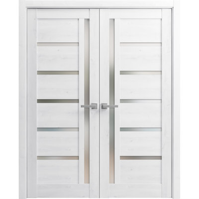 Portes doubles françaises massives en verre dépoli Quadro 4088 Blanc nordique, cadre en bois massif, moulures, portes robustes pour placard ou chambre à coucher, 84 po x 84 po (2 x 42 x 84 po)