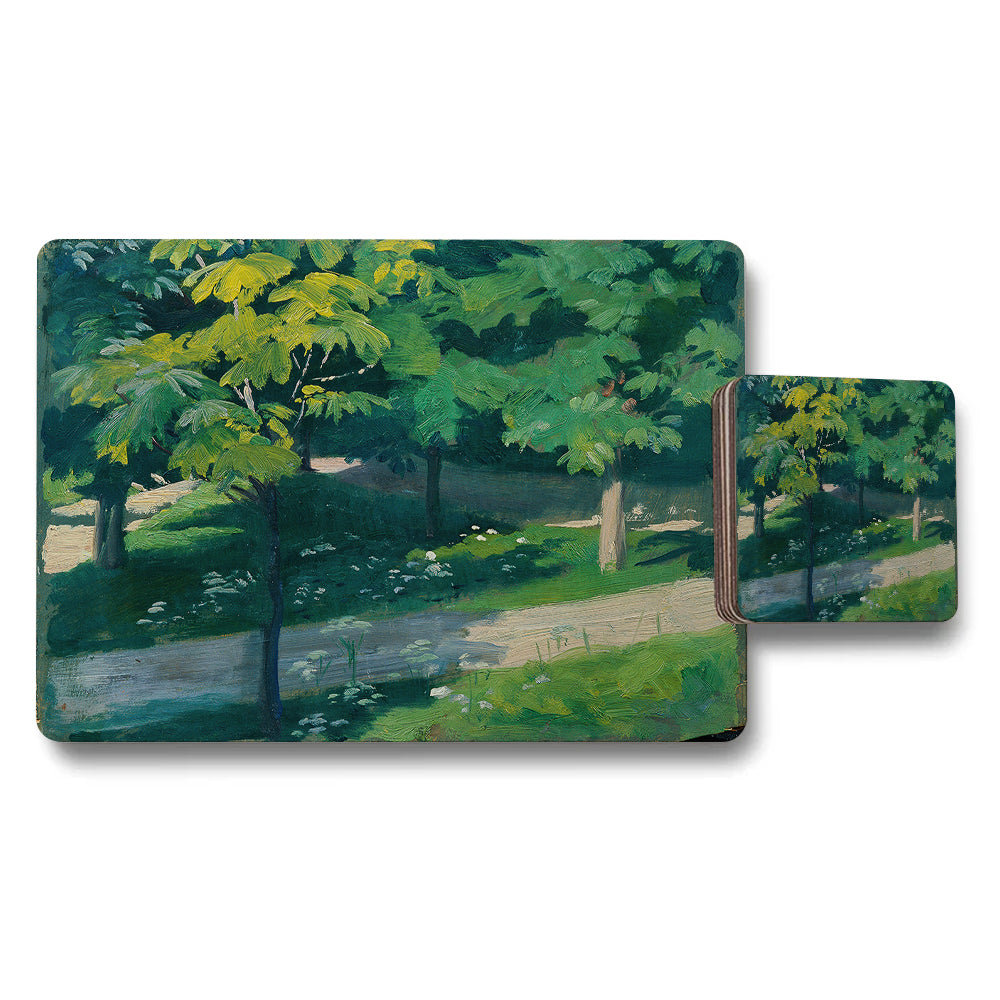 Forest Landscape Placemats And Coasters Set With Green Tree Scene