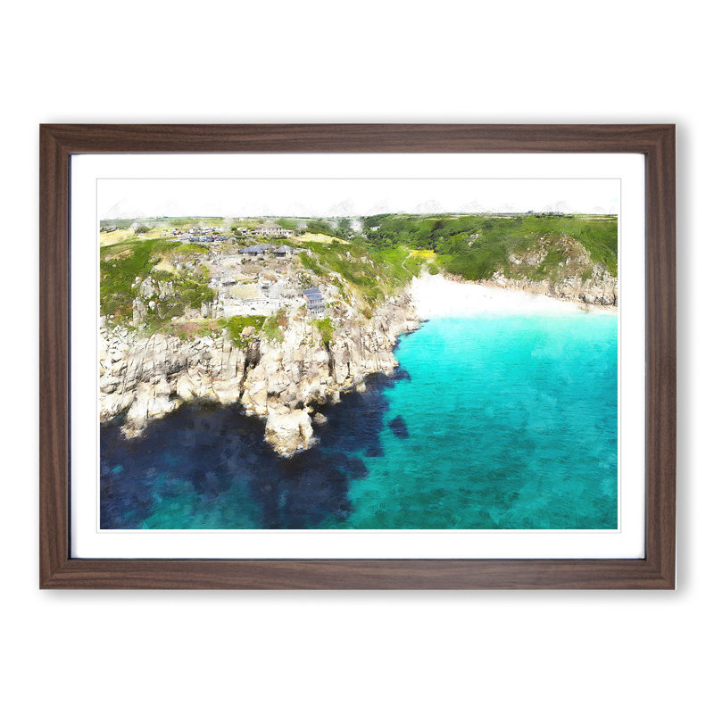 Porthcurno Beach in Cornwall - Picture Frame Graphic Art, 27cm H x 36cm W x 2cm D, Walnut Framed
