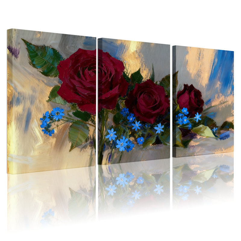 Ensemble de 3 reproductions d'art sur toile, roses rouges et fleurs bleues sur toile, H 30 po x l 60 po