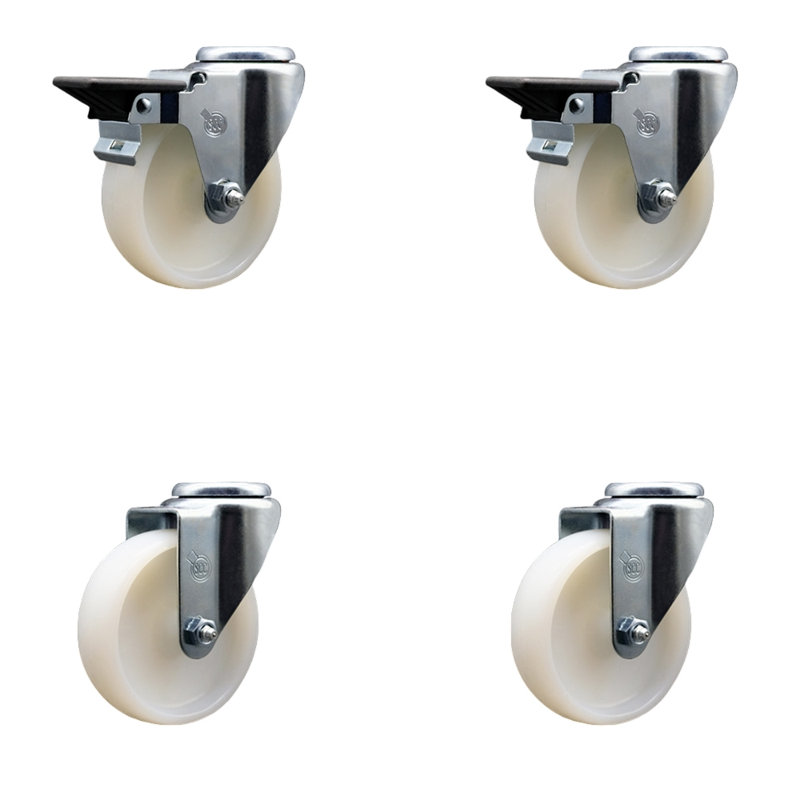 4 Inch Nylon Wheel Swivel Bolt Hole Caster Set with 2 Posi Lock Brakes SCC