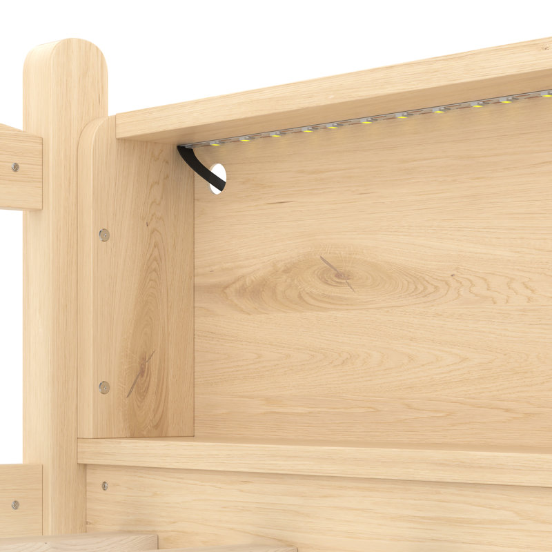 Lit mezzanine simple Natural TG avec tablettes de rangement, lumières à DEL et garde-corps pleine longueur, assemblage simple, solution compacte en bois massif avec finition parfaite pour la chambre à coucher, finition