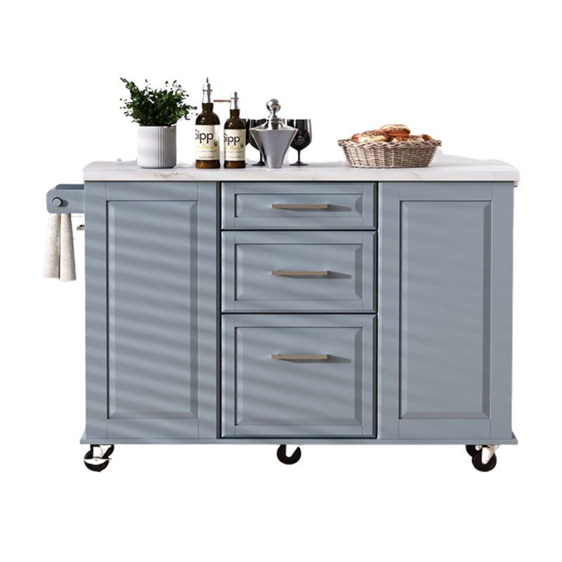 Îlot de cuisine à roulettes 51 po avec abattant, armoire à ordures inclinable et rangement coulissant, gris béton