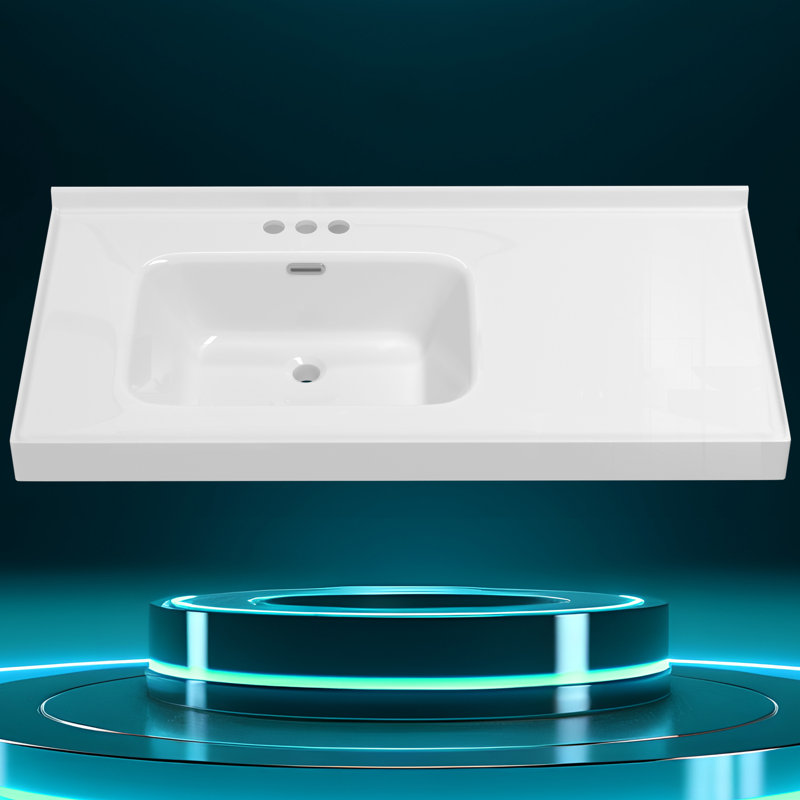 43" L x 22" W Solid Surface Left Offset Single Bathroom Integrated Vanity Top In White Bathroom Countertop With Sink With 1-3/8" H Backsplash