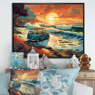 «Gulzar Green and Orange Retro Van On The Coastline II», reproduction sur toile