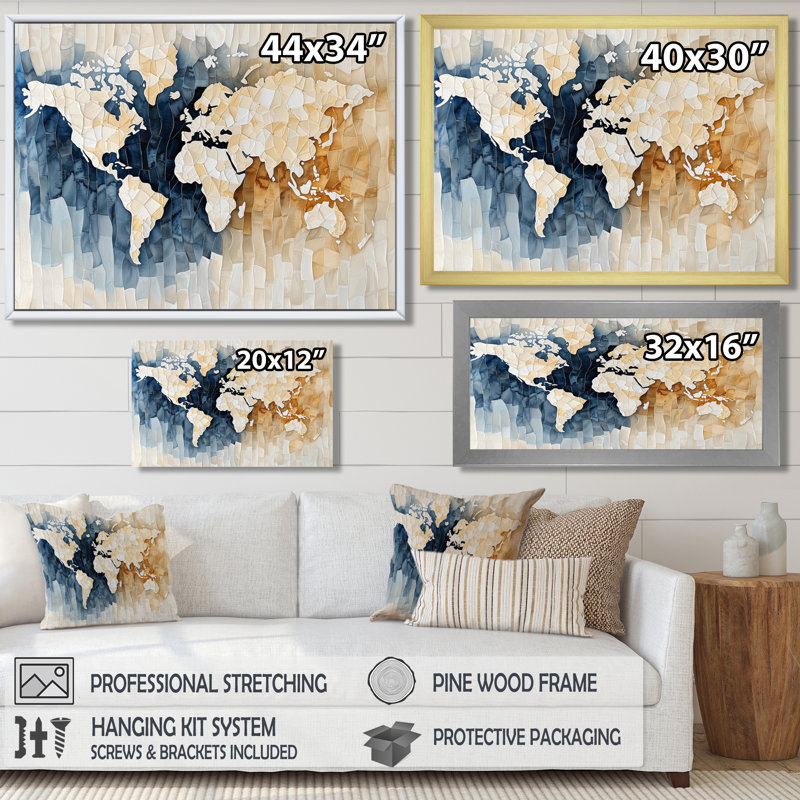 World Map Watercolors I - World Map Print Wall Art, Picture Framed Print, Silver, 16" H x 32" W
