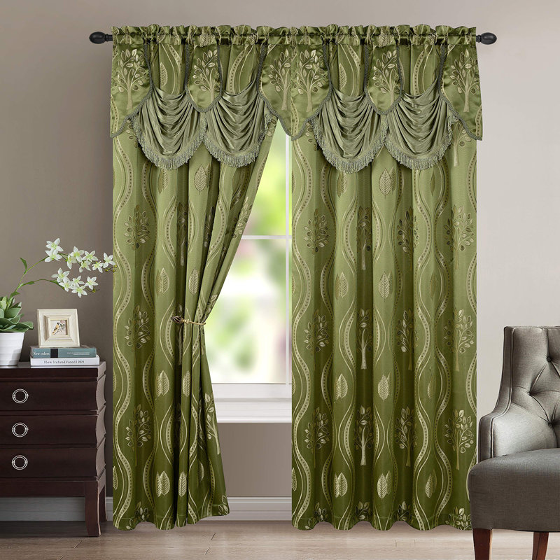 Elegant Comfort Jacquard Look Curtain Panel Set with Attached Valance 54" X 84 inch (Set of 2), Green