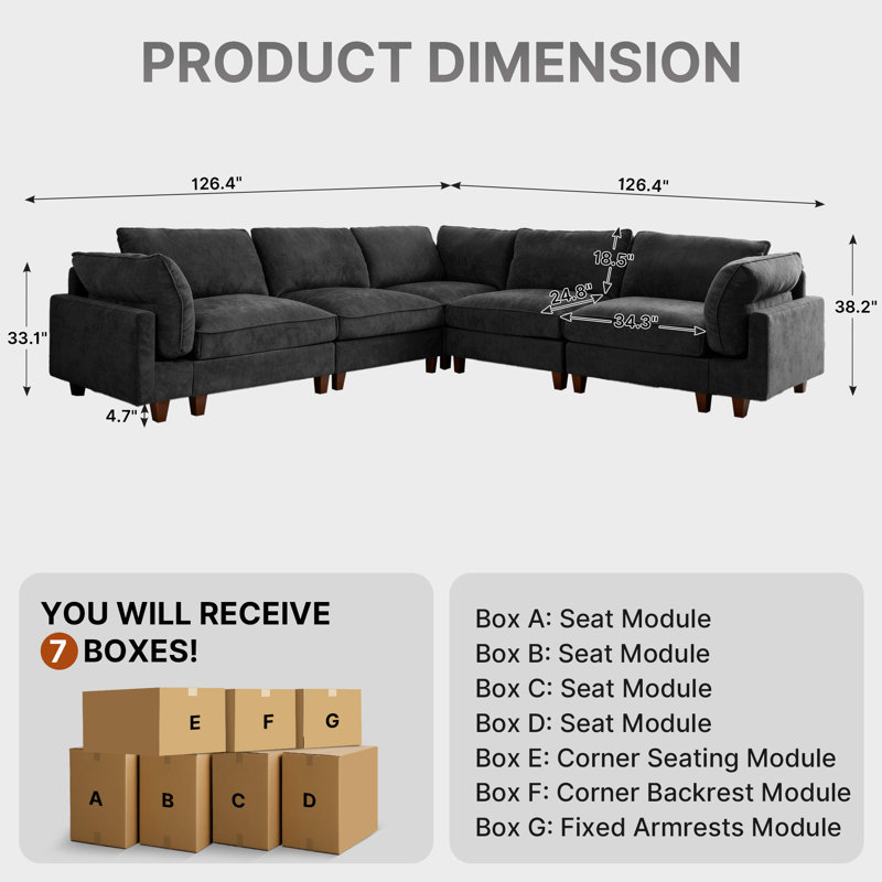 Canapé modulaire en tissu 5 pièces 5 pièces, Tissu noir
