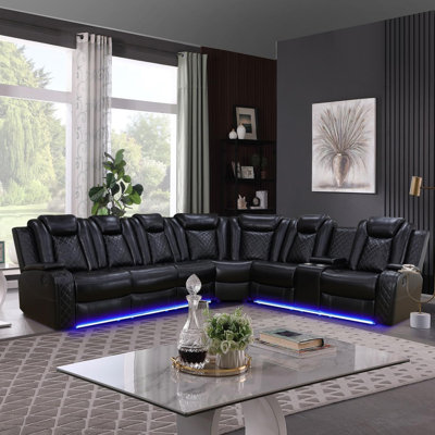 3-Pieces 210" Breathing Leather Power Reclining Theatre Sectional With LED Lighting