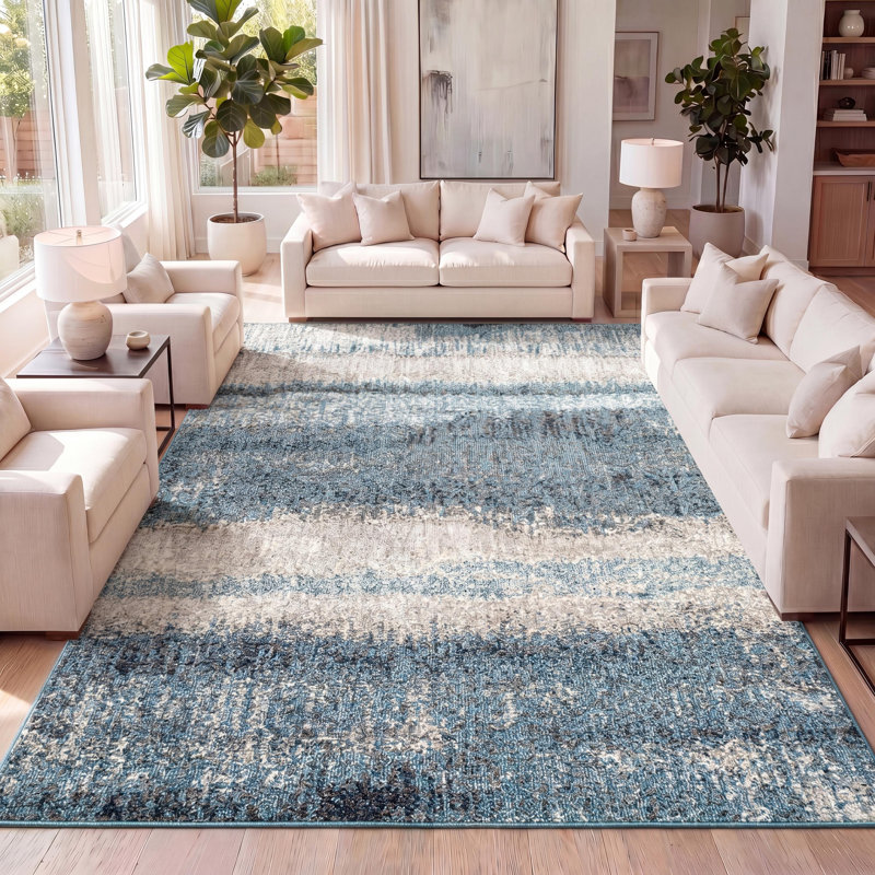 Tapis crème / turquoise Contemporary Contemporary, Rectangle 7 pi 8 po x 10 pi