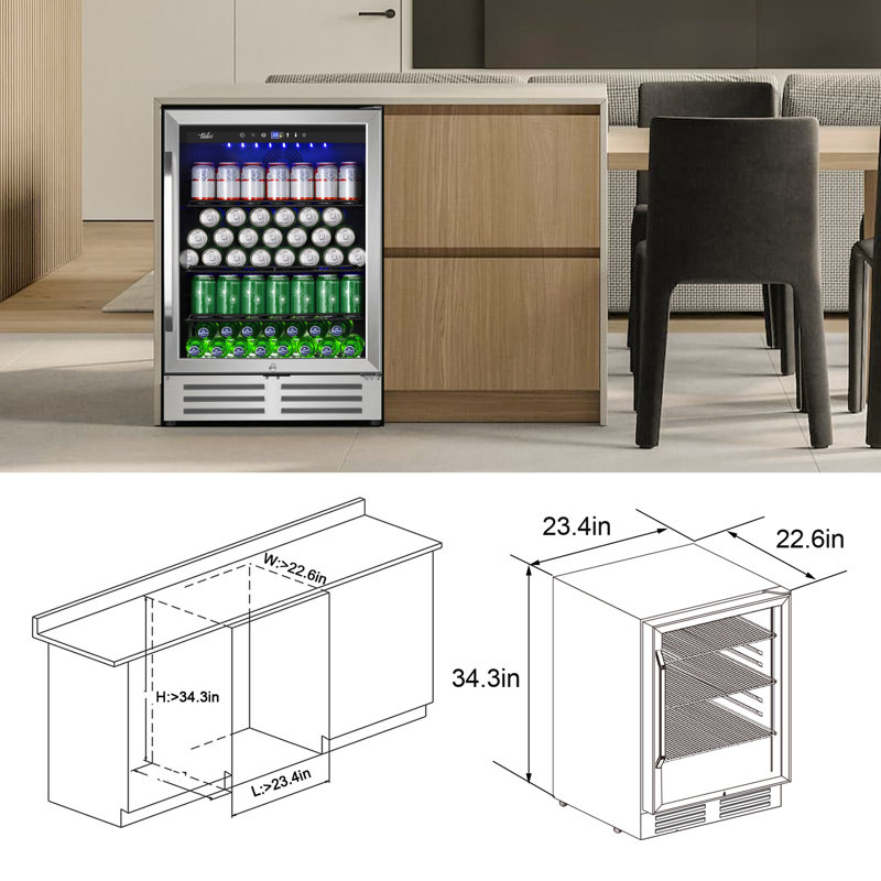 24-inch 210 Can Freestanding/Built-in Beverage Cooler - Energy Efficient, Quiet, Home Bar Fridge with Safety Lock