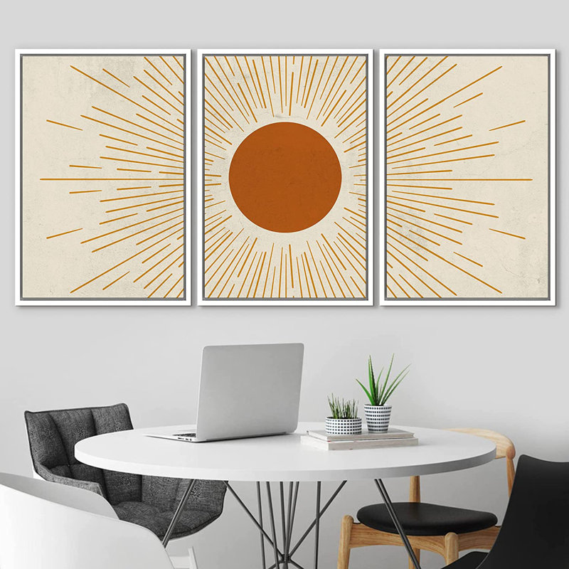Géométrique, orange brûlé, soleil brillant, astronomie et ciel de l'espace - 3 pièces, cadre flottant, impression sur toile