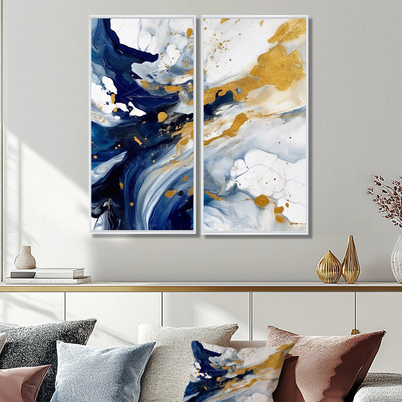 Art mural grand bleu foncé et or XXVI - Fractales, Floater Framed Print without Mat, 40" H x 40" W, White