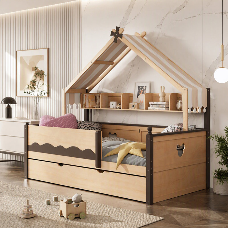 Lit simple en forme de maison avec bibliothèque intégrée, Naturel et espresso