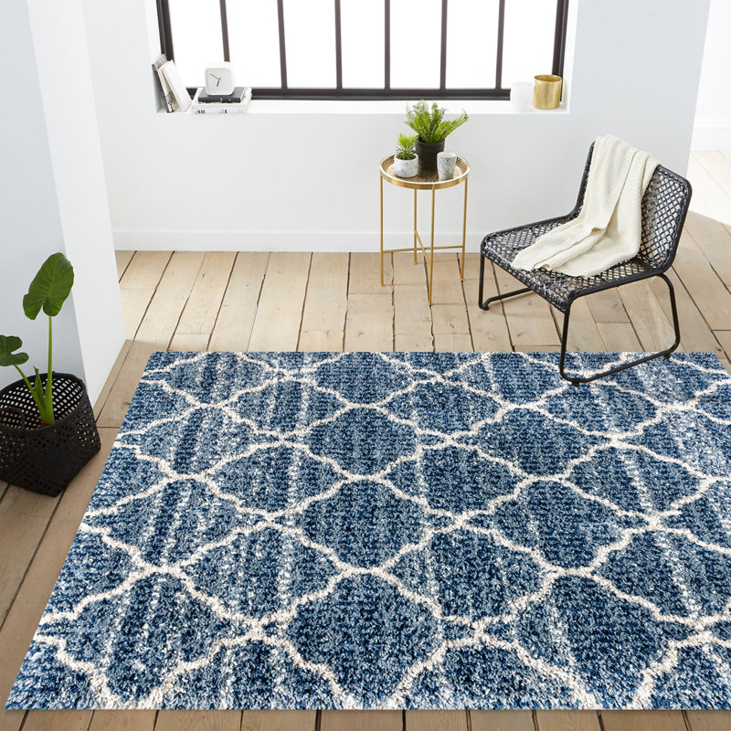 Ishaan Ogee Moroccan Trellis Shag Indigo Blue/Ivory Rug, Rectangle 3' x 5'