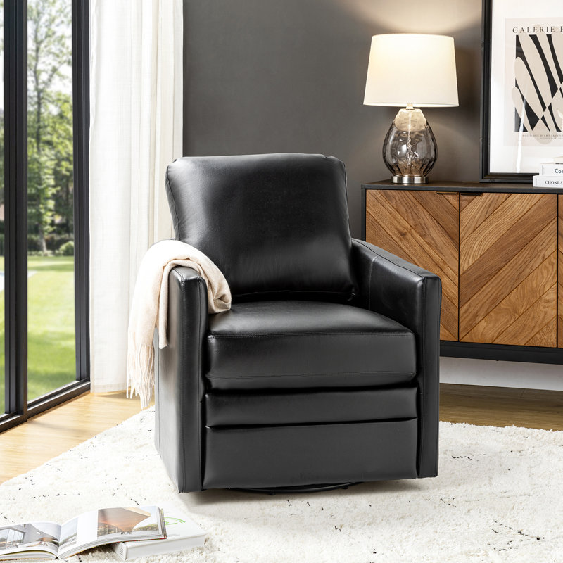 Alfonso Faux Leather Swivel Accent Chair with Removable Cushion, Black Vegan Leather